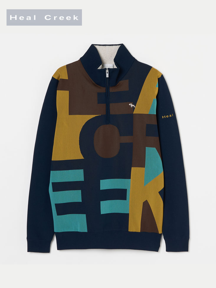 Heal Creek（ヒールクリーク）防風裏地付 ロゴ柄軽量ハーフジップセーター